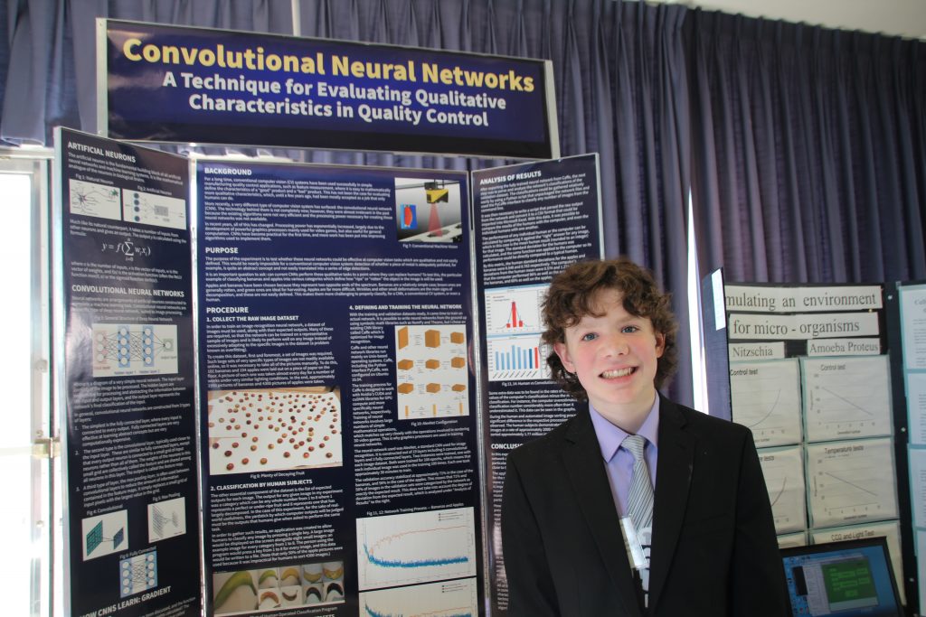 Brendon Matusch, a Grade 9 student at Lo-Ellen Park Secondary School, created a neural network to sort apples and bananas based on ripeness. He compared the network's performance to humans asked to do the same task. The project, Convolutional Neural Networks for Evaluation of Qualitative Characteristics in Quality Control, won Best in Fair at the Sudbury Regional Science Fair.