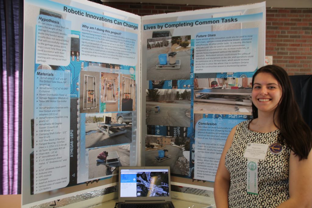 Megan Gran, a Grade 12 student at Lo-Ellen Park Secondary School, engineered a robotic system to assist individuals with physical disabilities with her project called Robotic Innovations Can Change Lives by Completing Common Tasks. The robot reduces the stress and discomfort of taking the garbage to the end of the driveway, making independent living easier.