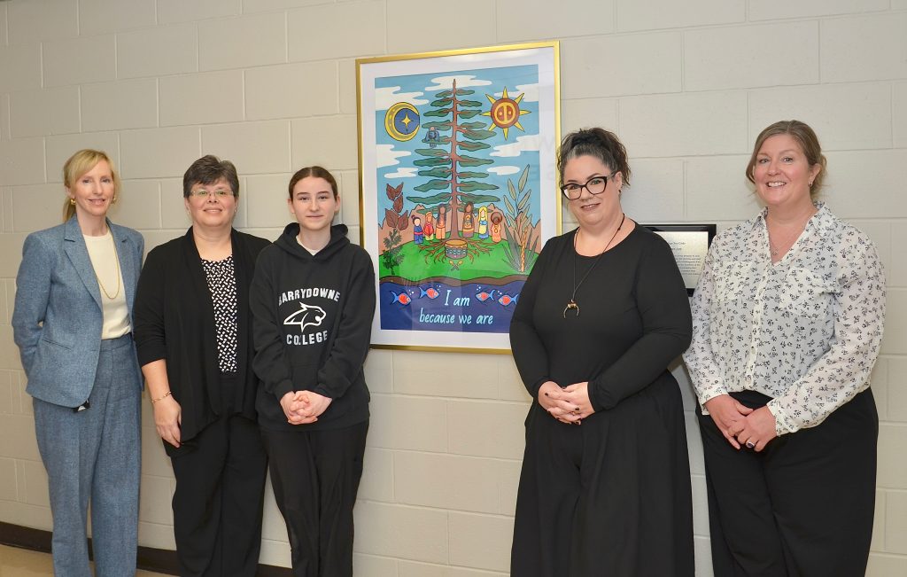 Participating in the unveiling at Barrydowne College were, from left, Rainbow District School Board Superintendent Maureen McNamara, Barrydowne College Principal Susan Kett, student Anna Roberts, Art Teacher Sarah Cormier and EcoSchools Lead Natalie Lachance.