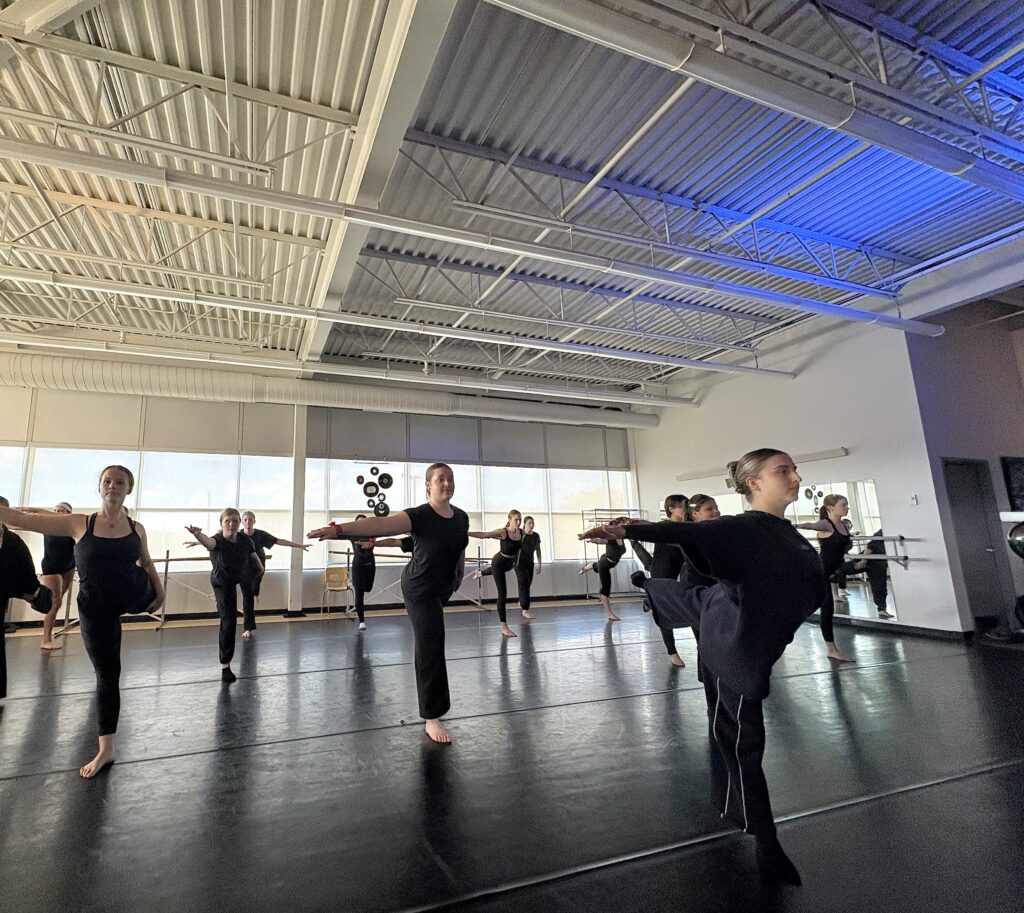 A photo of students dancing in a studio at Sudbury Secondary School